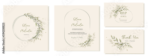 Square wedding invitation templates with vector watercolor leaves in a wreath. Rustic wedding inspired by nature. Vector