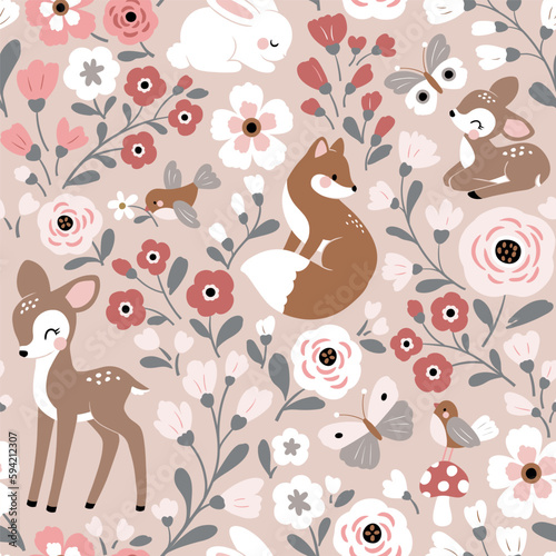 Seamless vector pattern with cute woodland animals and flowers. Cute fox, deer, rabbit, fawn, birds and butterfly on pink background. Perfect for textile, wallpaper or print design.