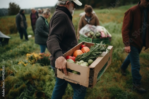 A food co-op agriculture farm. Members are carrying home boxes with the week's fresh, seasonal produce. Supporting local farmers is a pathway to better nutrition and sustainability. Generative AI