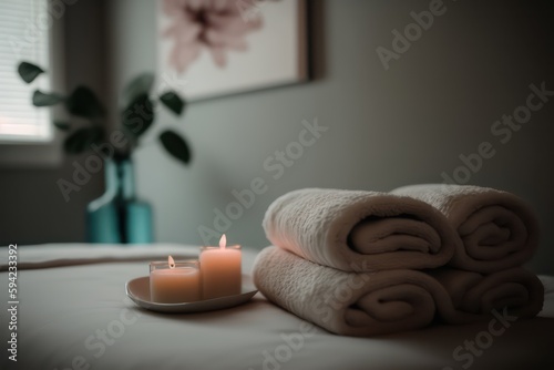 Soft beige spa towels on a massage bed in a therapy room. Generative AI.