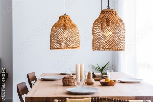 table lamp decor style kitchen furniture rattan room dining beige. Generative AI.