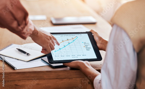 Business people, hands and tablet pointing to data, graph or chart for analytics or corporate statistics at office. Hand of marketing team in analysis looking at company profit, margin or increase