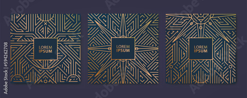 Vector set of luxury cover templates, square line art deco patterns. Design elements for package, banners, flyers, presentations and cards, wine labels