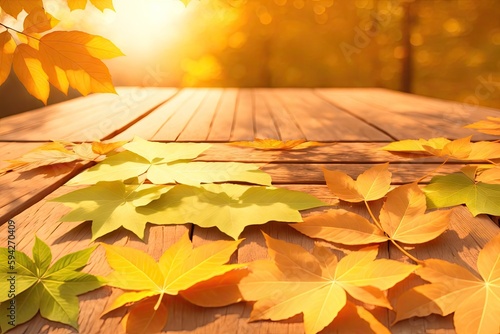 Wooden table surface at autumn fall forest. Beautiful sunny autumn day. Perfect seasonal display template, generative ai