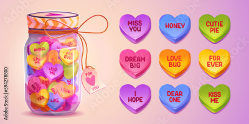Valentine conversation heart candy in glass jar cartoon valentine day illustration. Pink, purple and blue romance sugar treat with romance message note. Isolated confectionery with prediction.