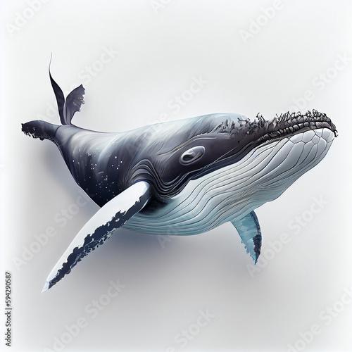 large sea mammal with visible fins and a tail photographed on a white background
