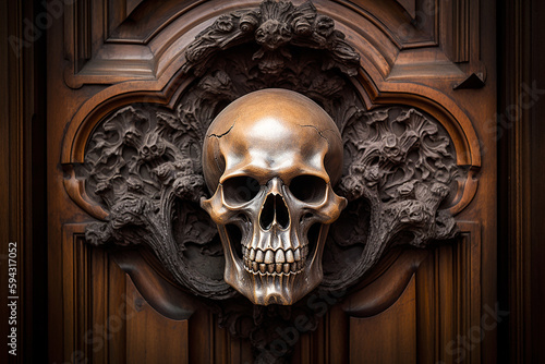 Death's Door. Generative AI. A digital painting of a death's head on an oaken door of a Victorian mansion.