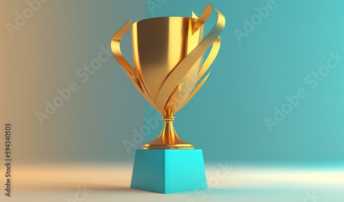  a golden trophy on a blue pedestal against a blue background with a light reflection on the floor in the center of the image is a blue box. generative ai