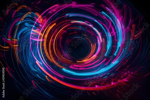 A striking image of a neon vortex, where swirling, neon light trails spiral together towards a central, vanishing point, creating the illusion of a portal to another dimension (Generative AI)