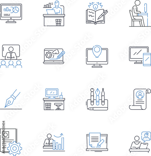 Output pathway line icons collection. Route, Outcome, Flow, Egress, Result, Channel, Conduit vector and linear illustration. Discharge,Emission,Cascade outline signs set