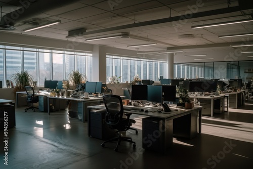 Empty modern office with no employees due to remote work trend, reflecting the impact of flexible working arrangements and the rise of remote work culture on traditional office spaces, generative ai