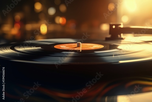 Vinyl record illustration, music concept, retro 80s, bokeh background. Generative AI