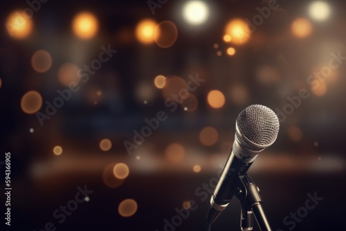 Microphone illustration on a stand, bokeh background. Generative AI