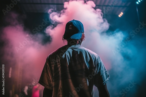 Artist rapper at a music concert on stage singing seen from the back with pink and blue smoke. Hip hop rap artist live performance. Ai generated