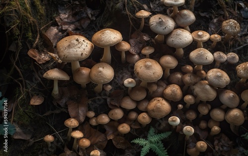 mushrooms in the forest at dawn, photography, AI