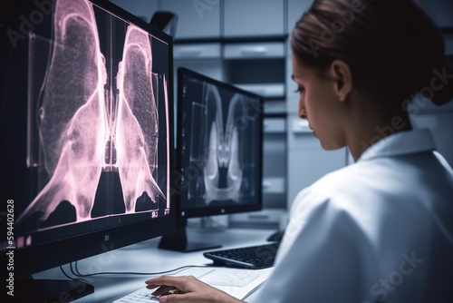 Specialists checking on mammography results on computer screen for detecting breast cancer. Generative AI