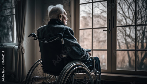 impaired senior man in wheelchair feeling depressed, suffering from loneliness and mood swings, looking out window in retirement home. Concept of disability and old age depression. Generative AI