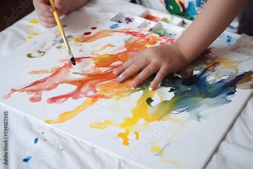 Enfant faisant de la peinture avec un pinceau et sa main à l'école » IA générative