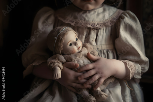 Jeune fille au 19ème siècle avec une poupée en porcelaine » IA générative