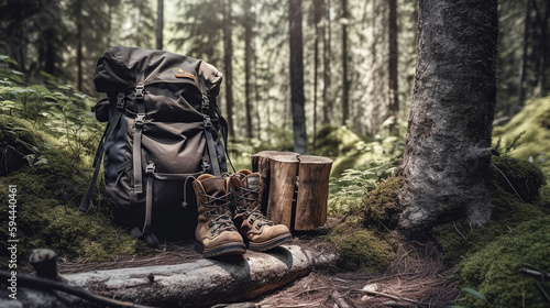 Hiking equipment in forest. Backpack and leather ankle boots. Generative Ai