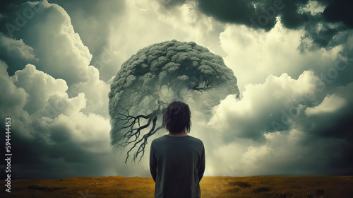Eine Frau schaut nachdenklich in den Himmel, indem sich das menschliche Gehirn abstrakt abbildet. Symbolische Darstellung von Überforderung, Angst und Depression (Generative AI) 