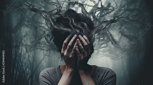 Eine Frau hält sich die Hände vor das Gesicht. Symbolische Darstellung von Überforderung, Angst und Depression (Generative AI) 