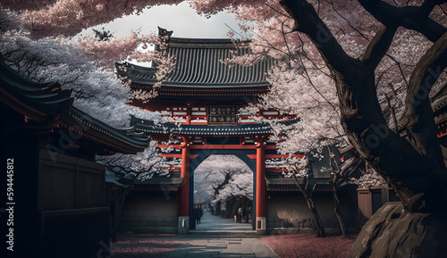 toji gate in cherry blossom garden, japanese garden landscape .generative ai