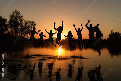 People jumping into a lake, mid air shot in late sunset, high quality generative ai