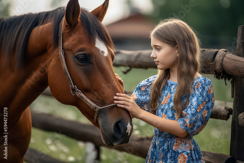 Little girl in blue dress posing with a horse, closeup. Generative AI