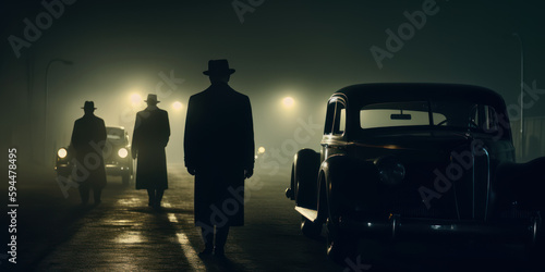 Three Gangsters met at night on a bridge in 1930s America. AI Generation 