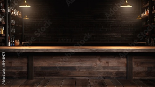 Pub or bar with wood counter table background, bar product placement background for advertising, great for ads for drinks, AI