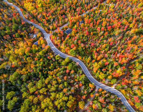 Windy road in the colorful autumn forrest in Wisconsin