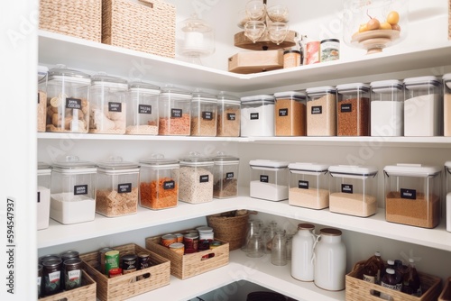 reorganized pantry with clearly labeled food and organized shelves, created with generative ai