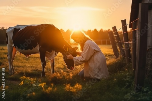 Woman cow farm sunset. Generate Ai