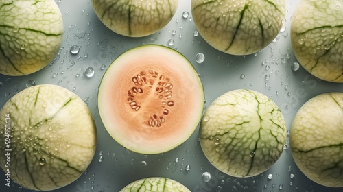 Yellow galia melon piece background with water drops. Close up
