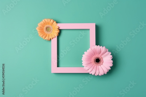Flat lay composition with pink gerbera flowers and frame on green background. Generative AI 