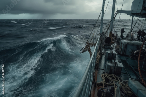 Ship during strong Hurricane , A lot of splashes. View from bridge. Sea water clinging to the deck as cameras strain for a glimpse of the abyss below. High waves hit ship. Generative Ai