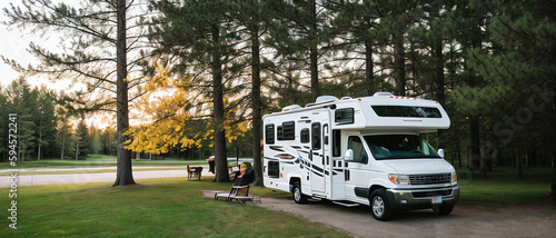 Road adventures on a camper, an exotic kind of outdoor recreation. Generative AI.