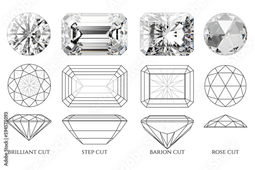 Four diamond cut styles - brilliant, step, barion, rose, with diagrams. 3d illustration isolated on white background
