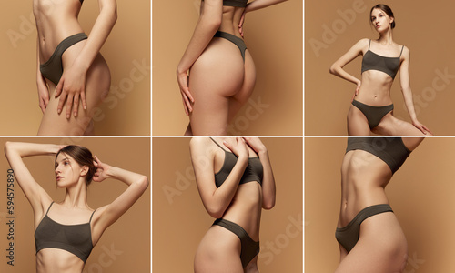 Collage. Images of beautiful, slim, fit female body over studio background. Young model posing in underwear. Aesthetics. Concept of beauty, body care, fitness, sport, health, figure