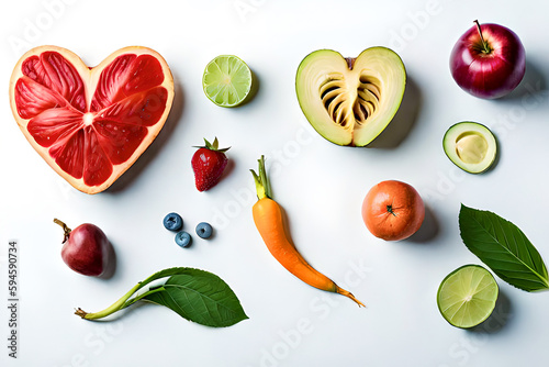 AI Generative Illustration of a Creative Photo of Heart-shaped fruit and vegetable sculpture, Heart-Healthy eat vegetables and fruits message Healthy Heart A Colorful Display of Fruits and Vegetables