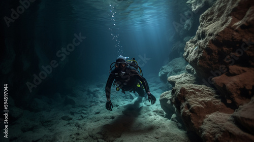 Diver's exploring underwater cave