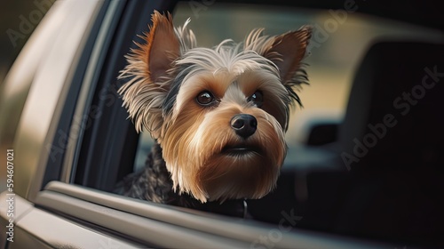 yorkshire terrier in a car,close up of a dog in the windows of car, ai generativ