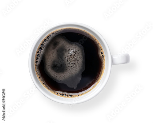 Top view of isolated mug with hot black coffee with foam on transparent cutout PNG background. generative AI