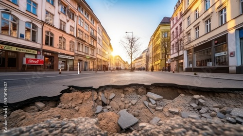 asphalt cracks on the city street. destruction caused by the earthquake. Generative AI