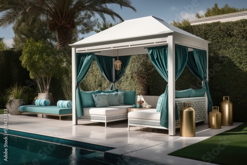 glamorous poolside cabana with chaise lounge and cocktail shaker, created with generative ai