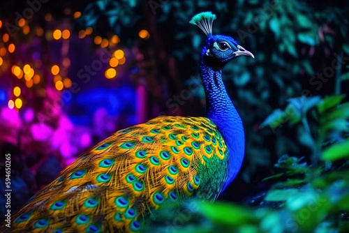 Close up of colorful beautiful peacock in jungle at night time with neon glow. Digital ai art