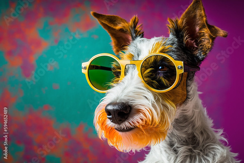 Generative AI of a funky fox-terrier wearing glasses with colorful background.