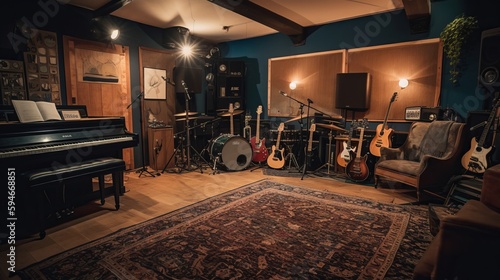 A music room with instruments and a recording studio set-up. AI generated