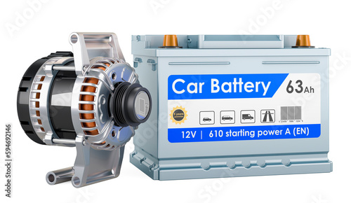 Car battery with starter, 3D rendering